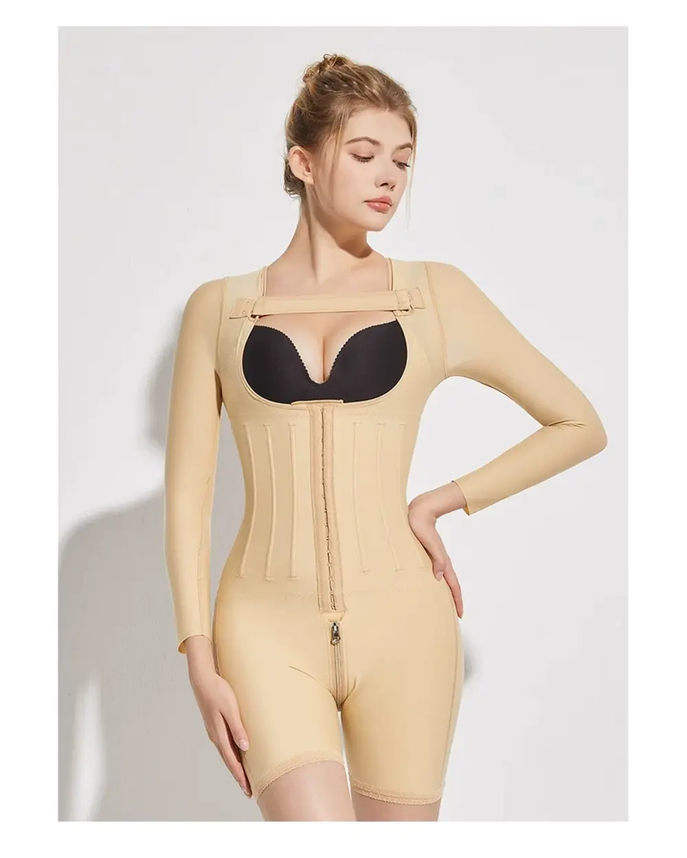 Skin-color long-sleeve open-bust compression bodysuit front view