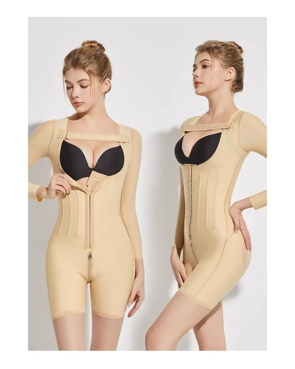Skin-color long-sleeve open-bust compression bodysuit open closure and side views