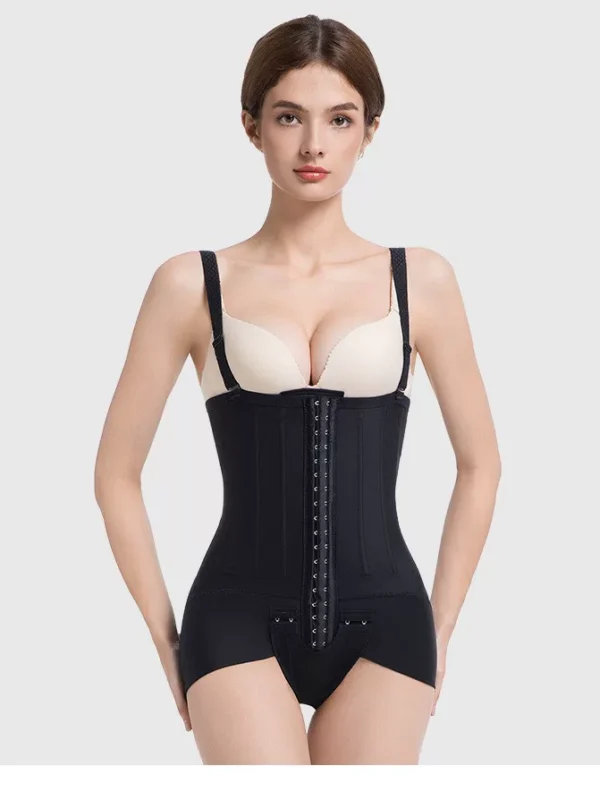 Black open-bust front-hook post-surgery brief bodysuit front view
