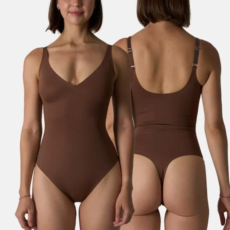 Qinelle brown seamless V-neck sleeveless shaping bodysuit front view