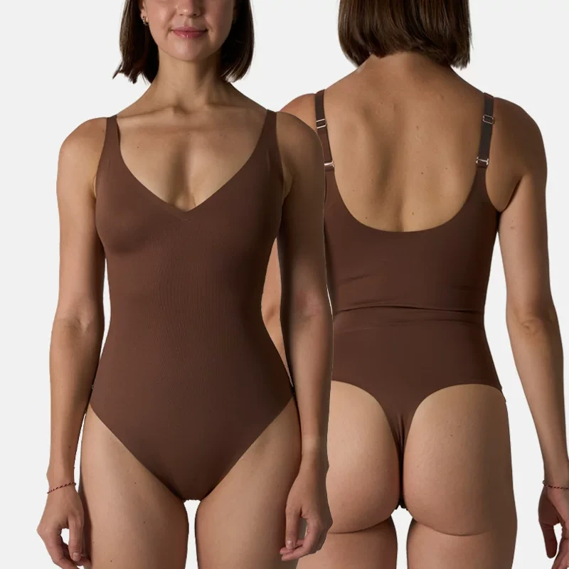Brown seamless V-neck shaping bodysuit front view