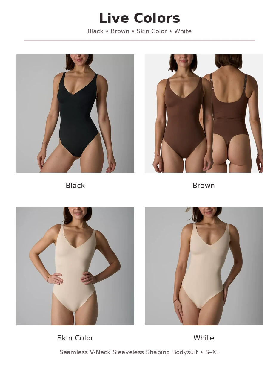 Available colors and construction details for the seamless V-neck shaping bodysuit