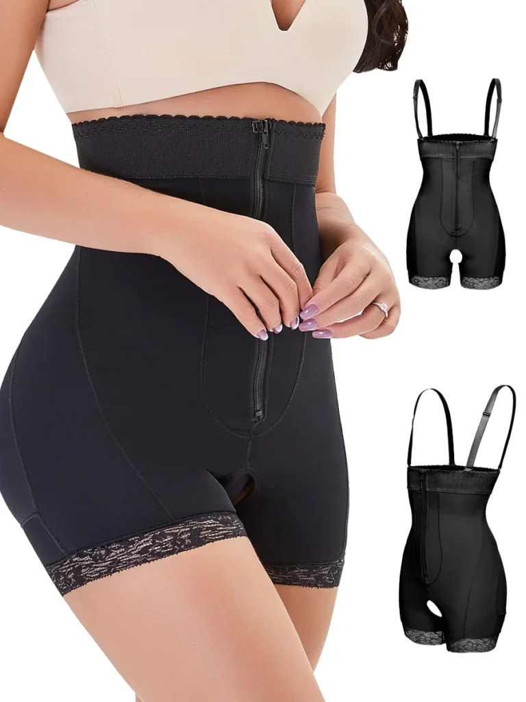 Black color detail showing zip front, open-crotch design, and lace-trim legs