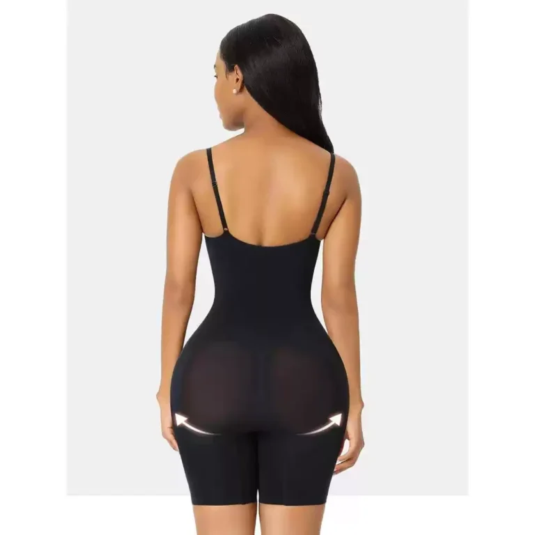 Qinelle black seamless spaghetti-strap mid-thigh shaping bodysuit back view