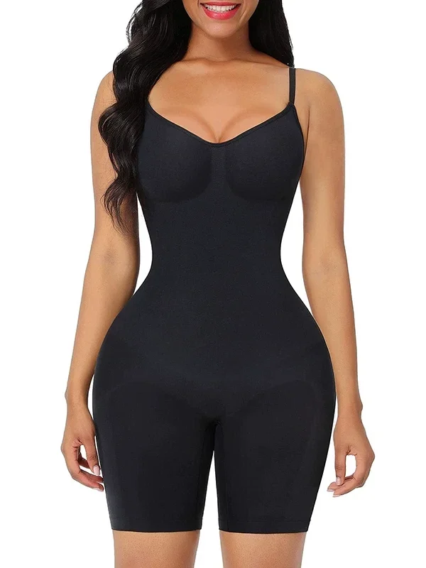 Qinelle black seamless spaghetti-strap mid-thigh shaping bodysuit front view