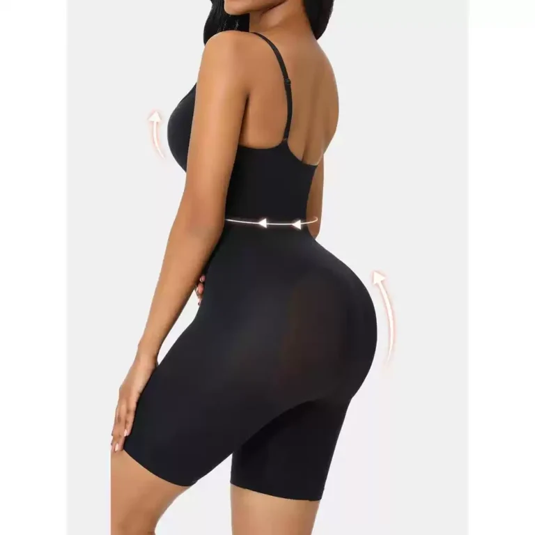 Qinelle black seamless spaghetti-strap mid-thigh shaping bodysuit side view