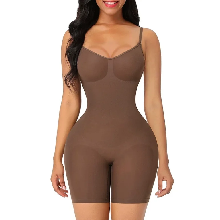 Qinelle brown seamless spaghetti-strap mid-thigh shaping bodysuit front view