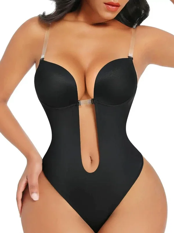 Black clear-strap deep-plunge low-back thong shaping bodysuit front view