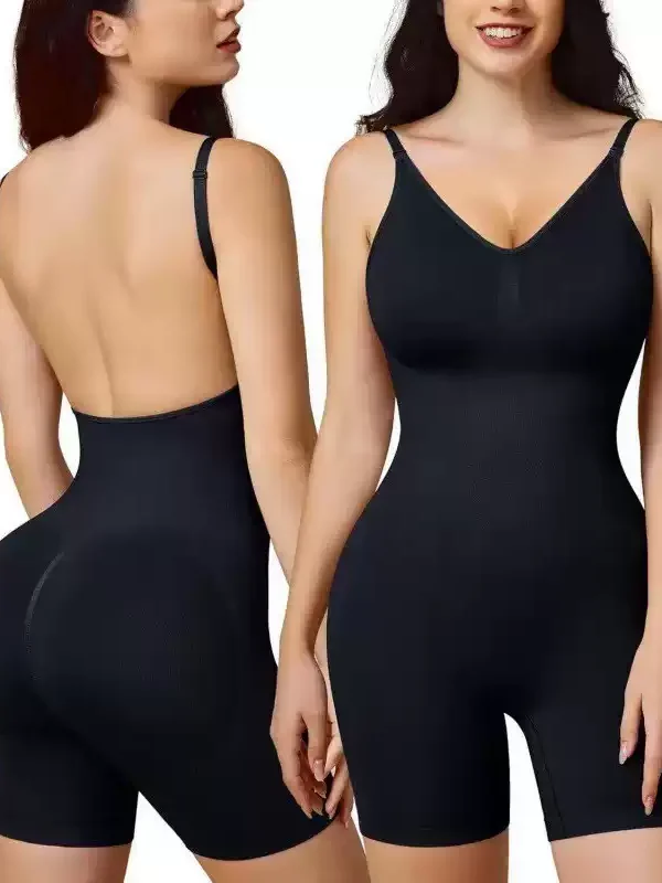 Black low-back mid-thigh shaping bodysuit, front and back views