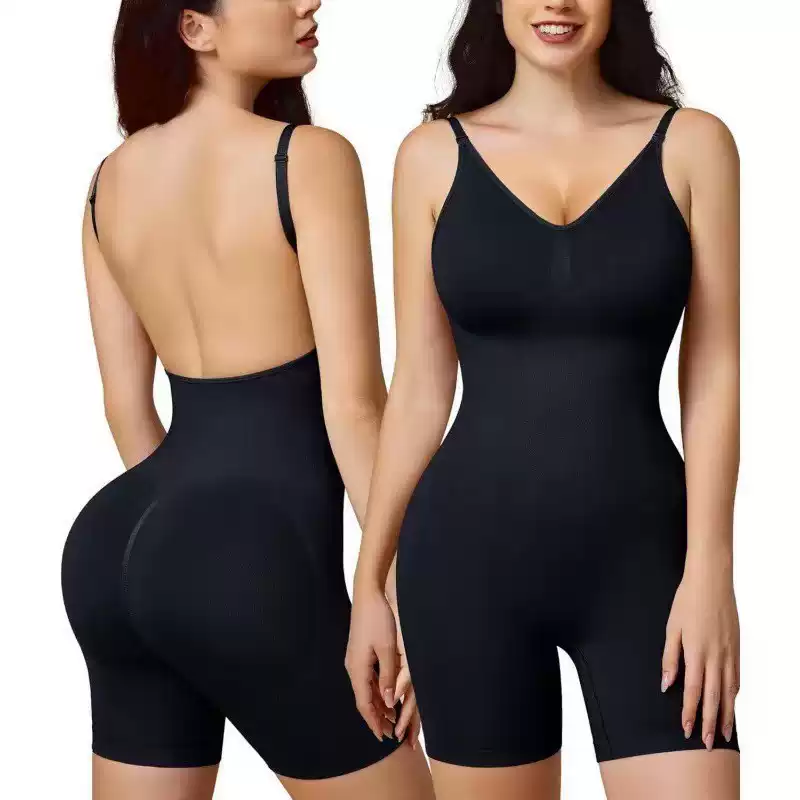Black low-back mid-thigh shaping bodysuit shown from the front and back