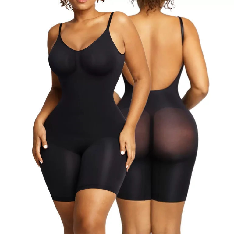 Black mid-thigh shaping bodysuit with low back and seat contour panels