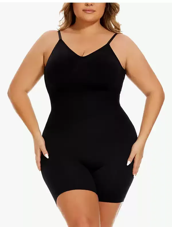 Black mid-thigh shaping bodysuit on a fuller figure