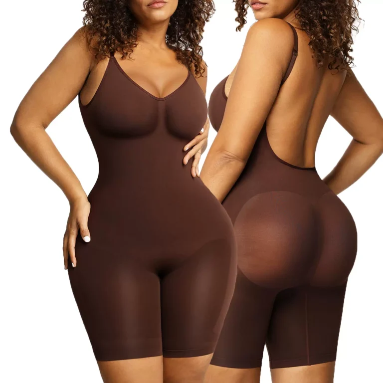 Brown low-back mid-thigh shaping bodysuit, front and back views