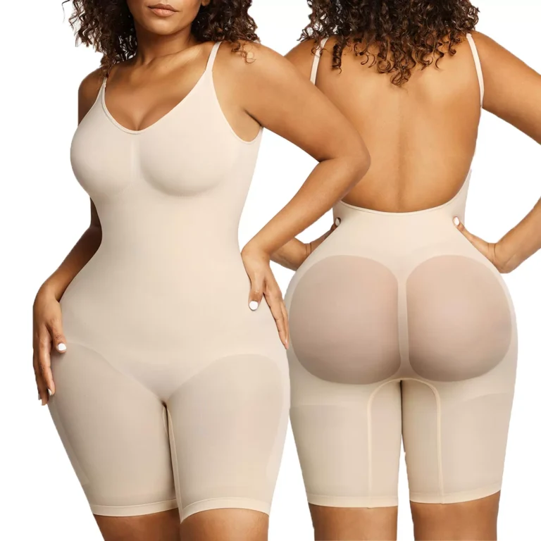 Skin-tone low-back mid-thigh shaping bodysuit, front and back views