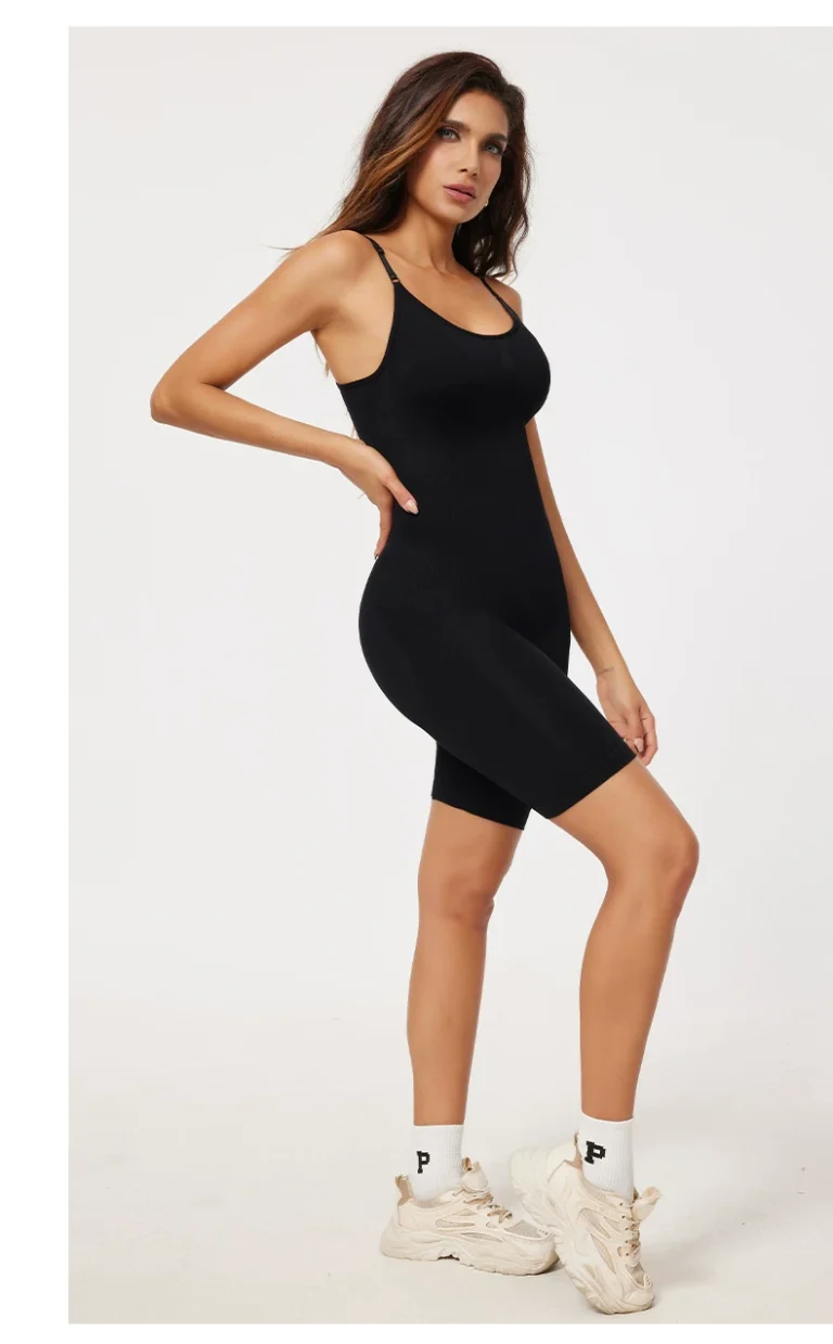 Black seamless spaghetti-strap mid-thigh bodysuit worn while standing