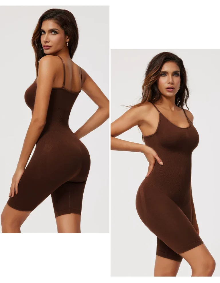 Brown seamless mid-thigh bodysuit shown from front and back angles