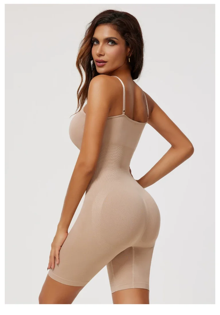 Skin color seamless mid-thigh bodysuit worn from the back