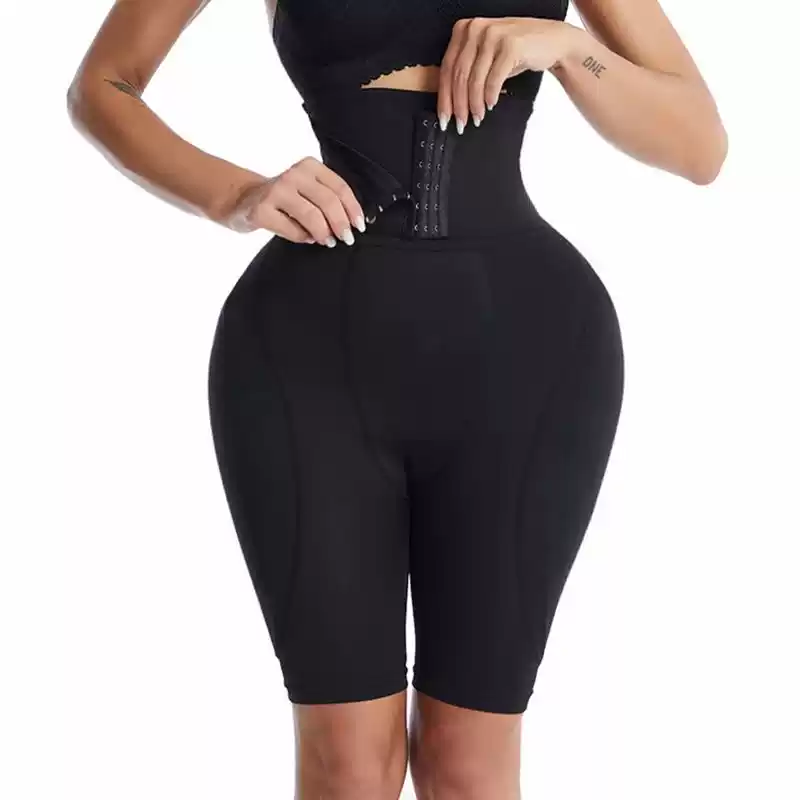 Black high-waist shaper shorts with the hook-and-eye front open