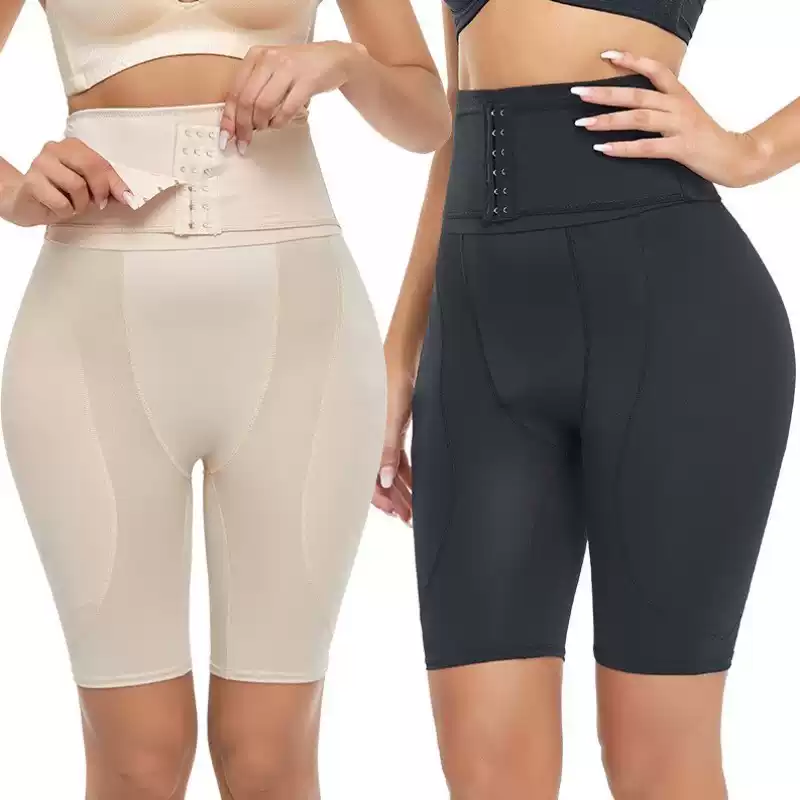 Black and Nude high-waist hook-closure shaper shorts shown from the front