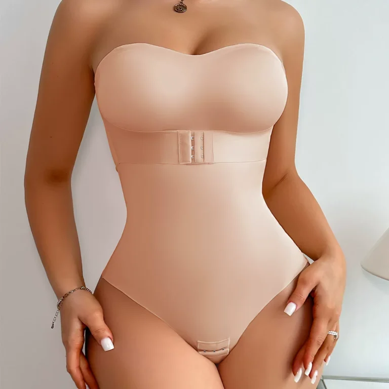 Apricot strapless front-hook brief shaping bodysuit front view