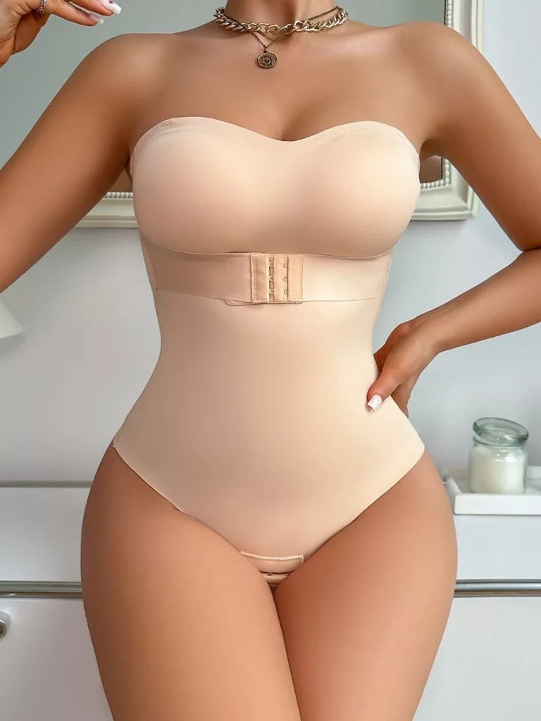 Apricot strapless brief shaping bodysuit full front view