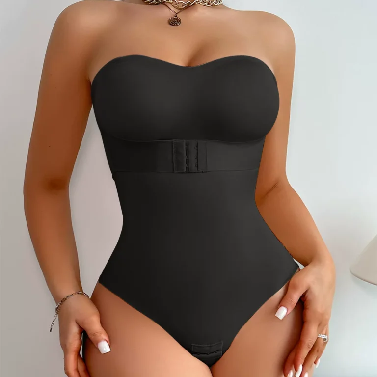 Black strapless front-hook brief shaping bodysuit front view