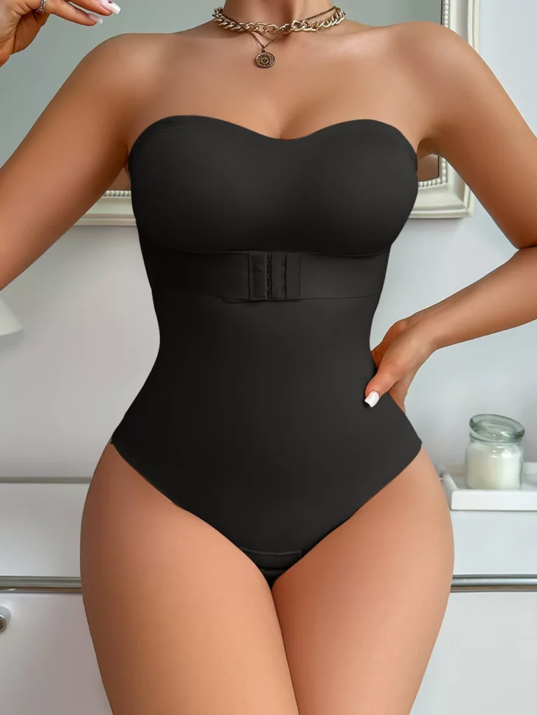 Black strapless brief shaping bodysuit full front view