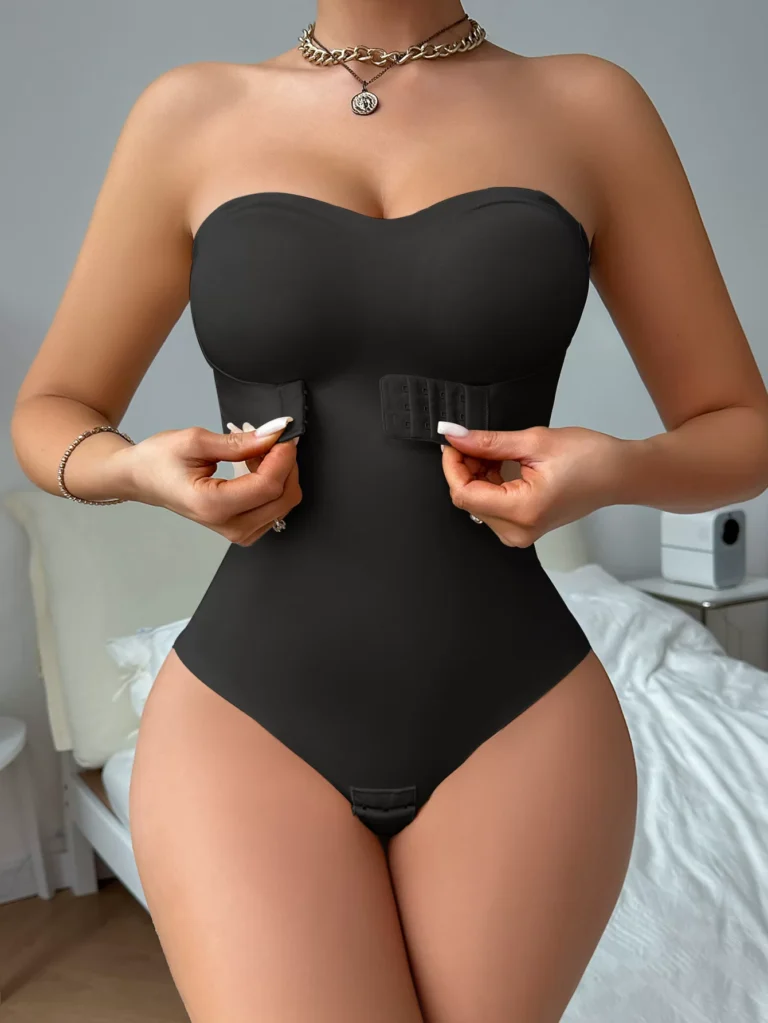Black strapless shaping bodysuit underbust hook-and-eye detail