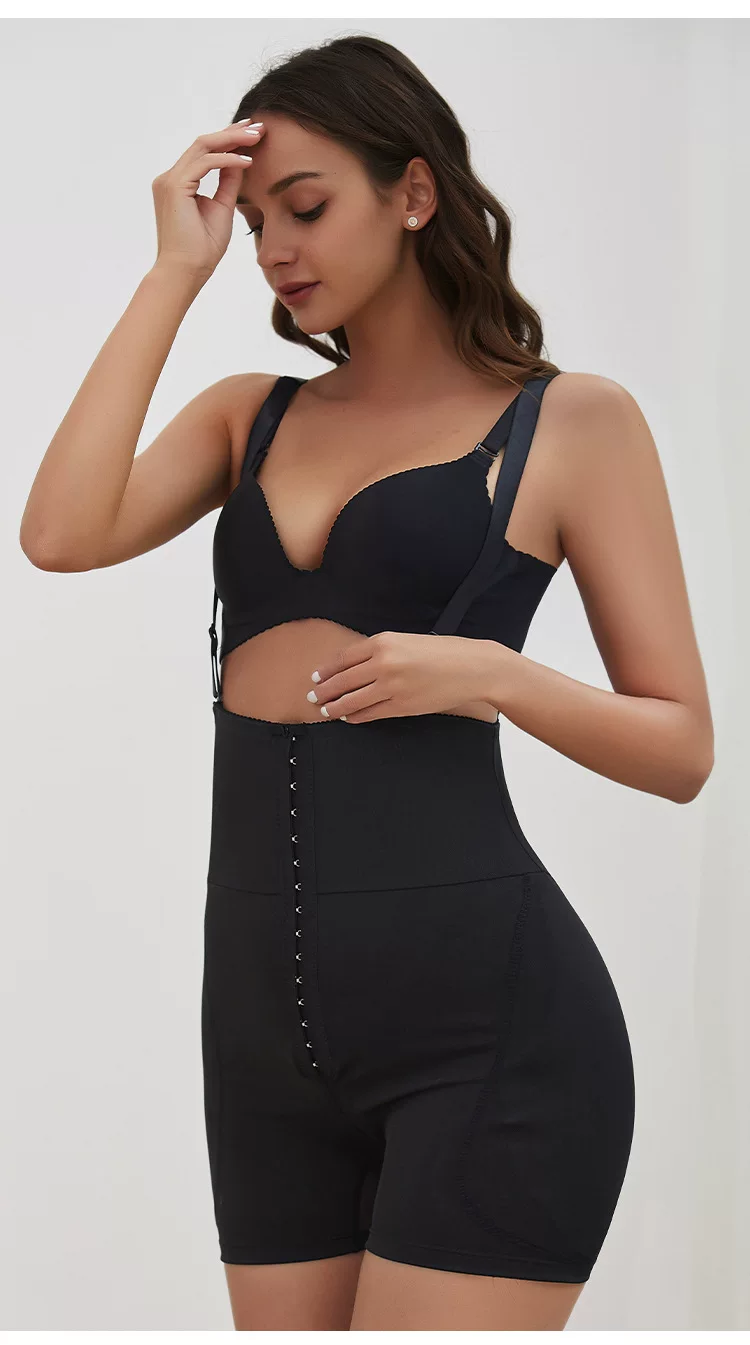 Front three-quarter view of black high-waist hook-and-eye shaping shorts