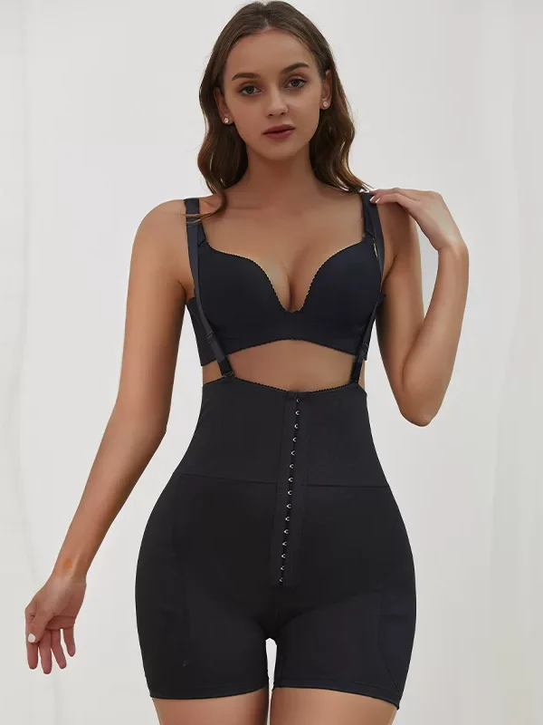 Black high-waist front-hook shaping shorts with removable hip pads, front view