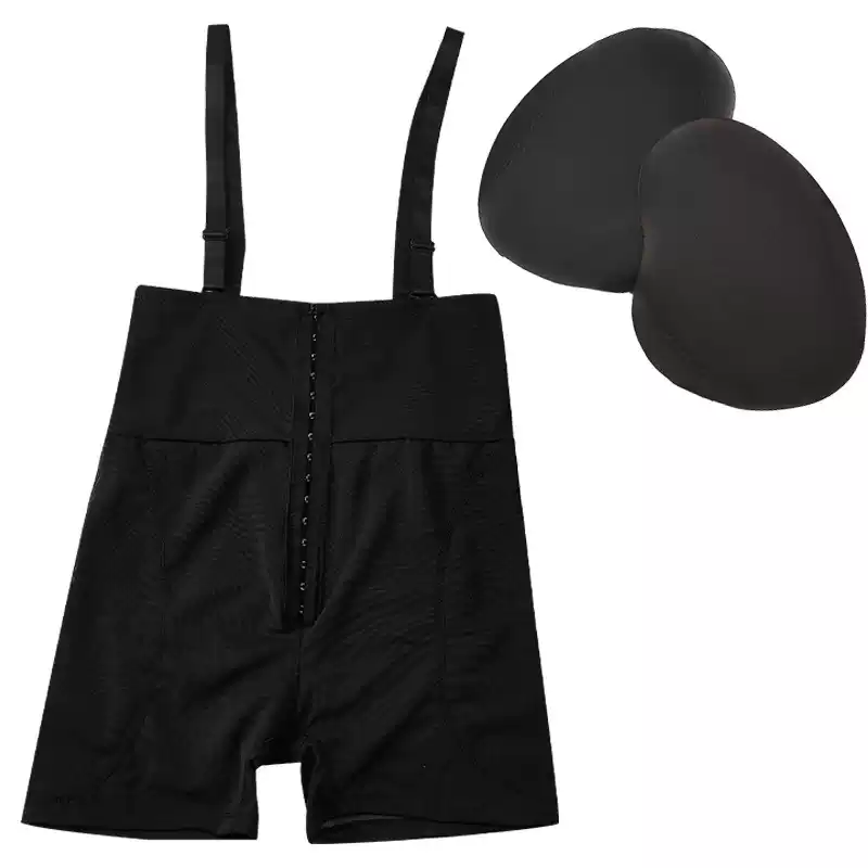 Black shaping shorts shown with one pair of removable hip pads