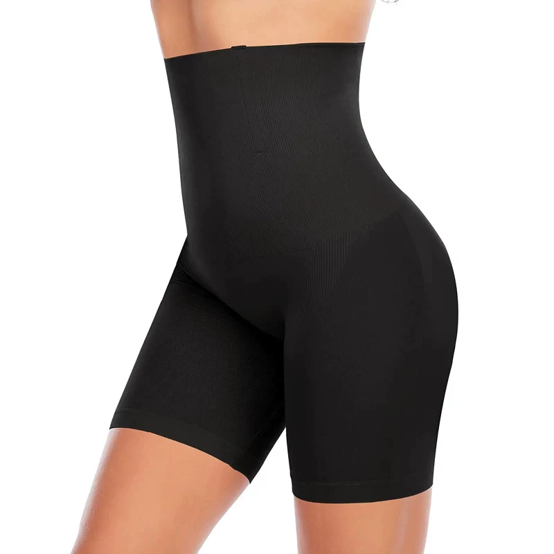 Black high-waist seamless shaper shorts shown from the back