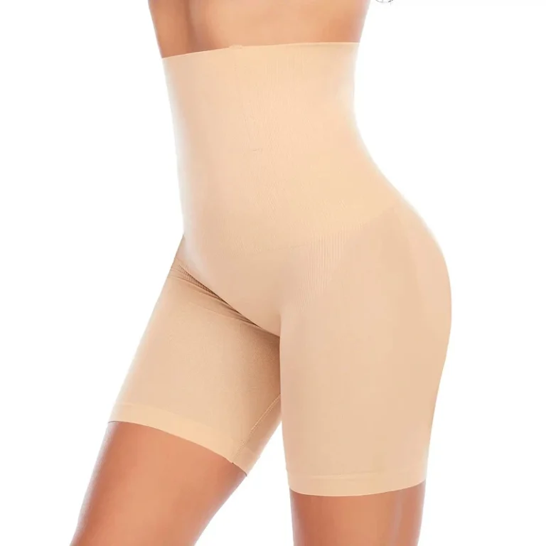 Nude high-waist seamless shaper shorts shown from the front and side