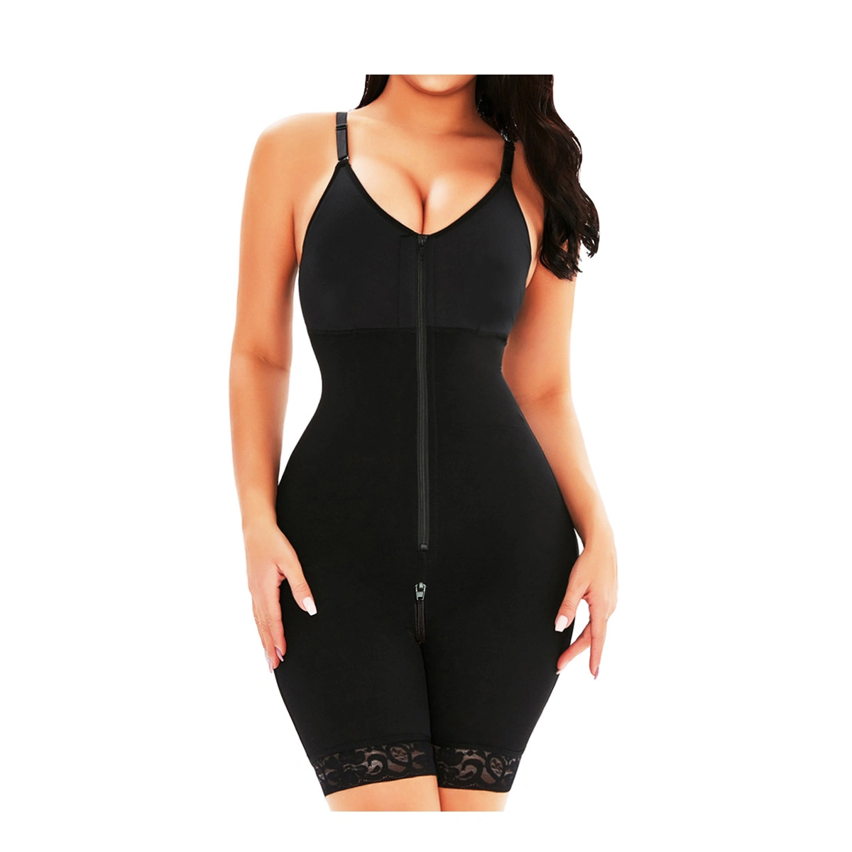 Adjustable-Strap Zip-Front Mid-Thigh Shaping Bodysuit, front product view