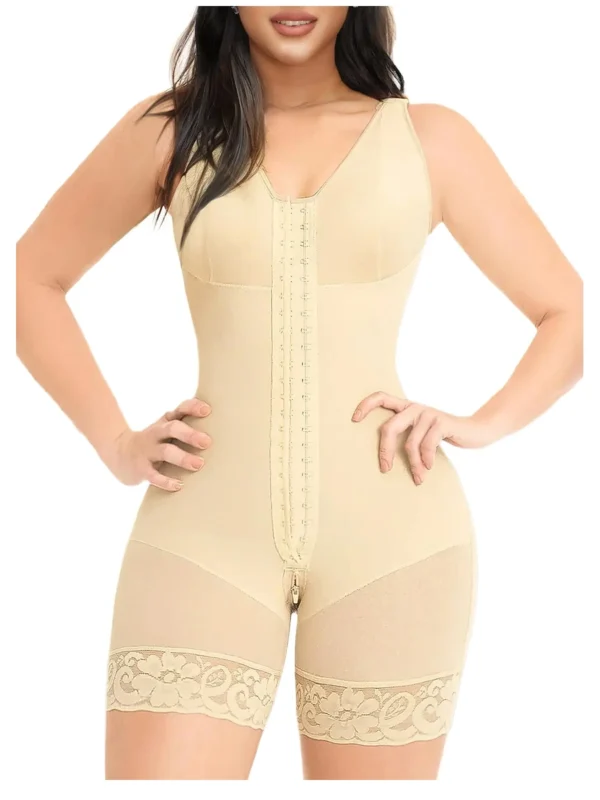 Front-Hook Mid-Thigh Shaping Bodysuit with Lace-Trim Legs, front product view