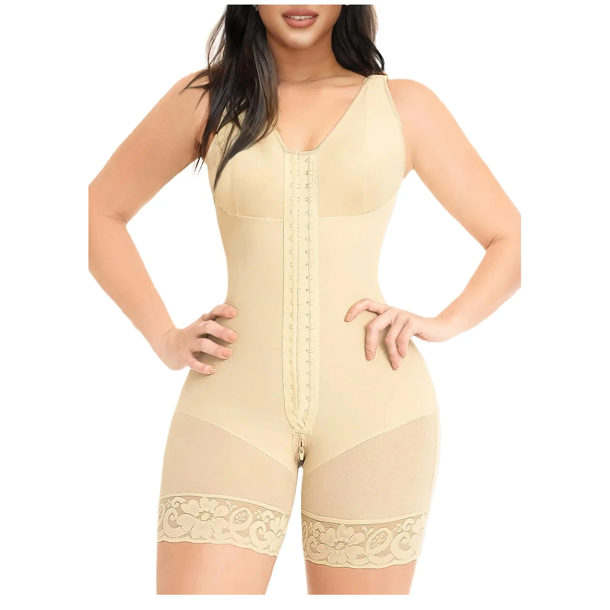 Front-Hook Mid-Thigh Shaping Bodysuit with Lace-Trim Legs, front product view