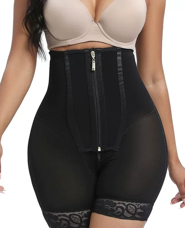 High-Waist Zip-Front Lace-Trim Shaping Shorts, front product view