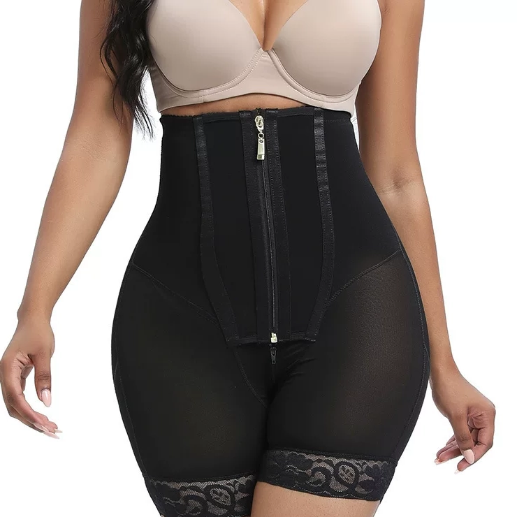 High-Waist Zip-Front Lace-Trim Shaping Shorts, front product view