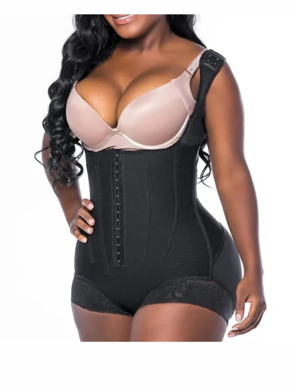 Open-Bust Front-Hook Shaping Bodysuit with Lace-Trim Short Leg, front product view