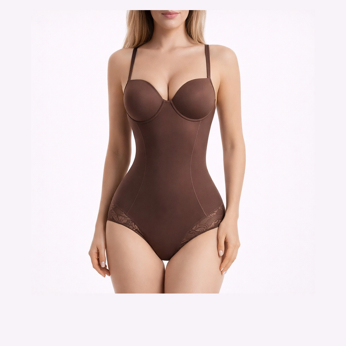 Molded-Cup Adjustable-Strap Shaping Bodysuit with Lace-Trim Brief, front product view