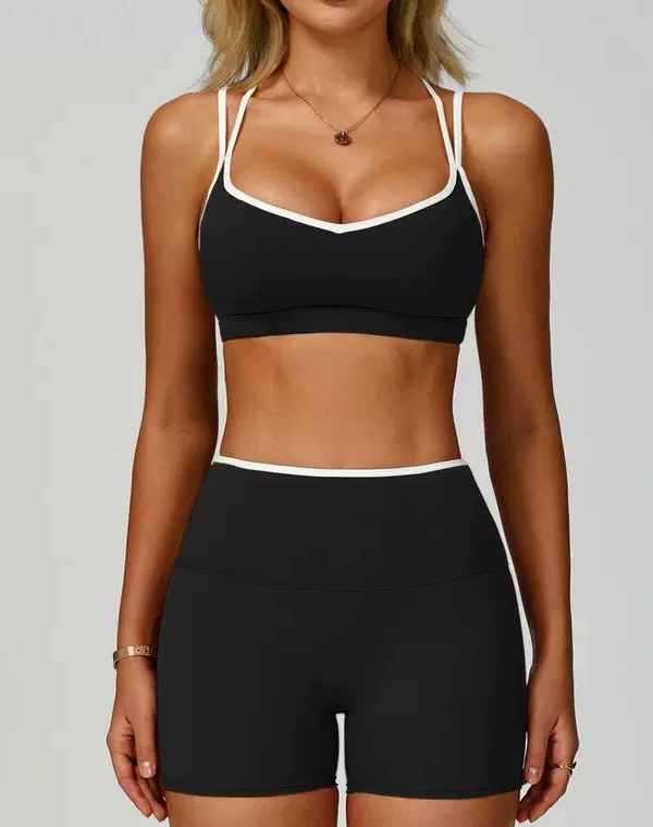 Contrast-Trim Cross-Back Sports Bra and High-Waist Shorts Set, front product view