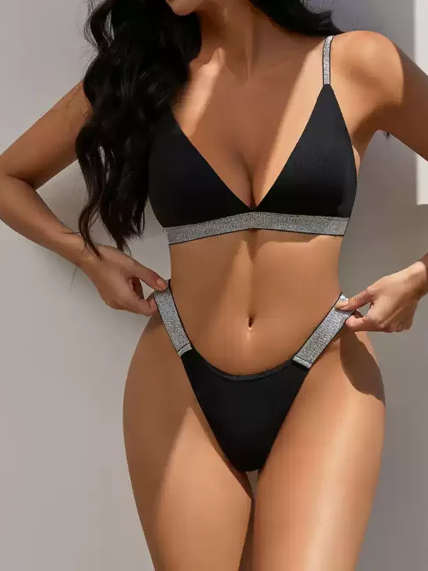 Black Wireless Triangle Bra and Thong Lingerie Set, front product view