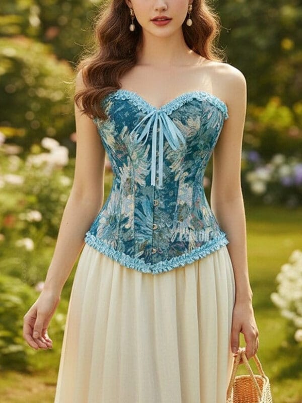 Strapless Floral Tapestry Corset Top with Lace-Up Back, front product view