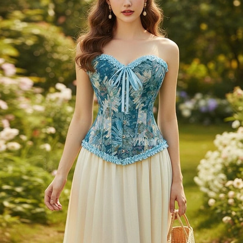 Strapless Floral Tapestry Corset Top with Lace-Up Back, front product view