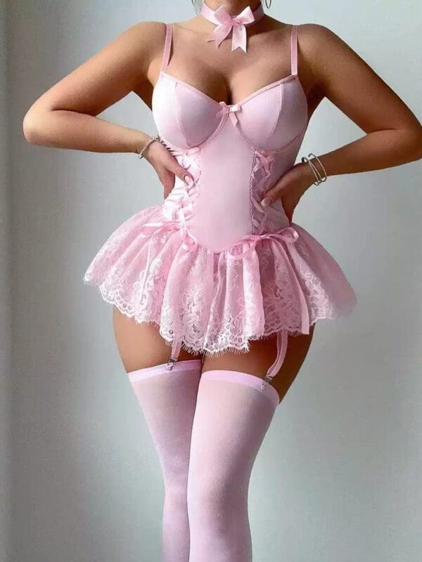 Corset Lace Dress Set with Romantic Sculpted Styling, front product view