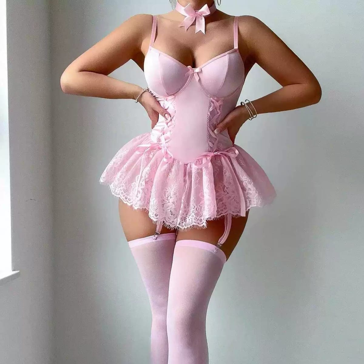Corset Lace Dress Set with Romantic Sculpted Styling, front product view
