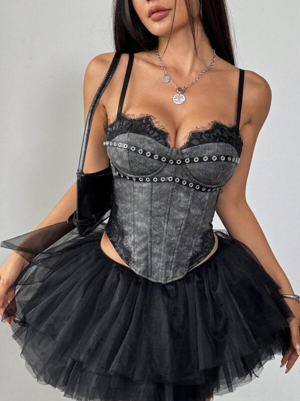 Strappy Corset Tulle Mini Dress with Lace-Trim Bodice, front product view