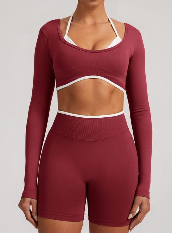 Long-Sleeve Cutout Activewear Set with High-Waist Shorts, front product view