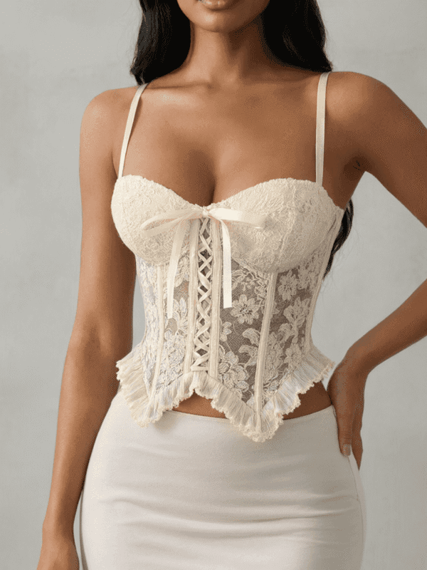 Cream Lace Corset Camisole Top with Bow Detail, front product view