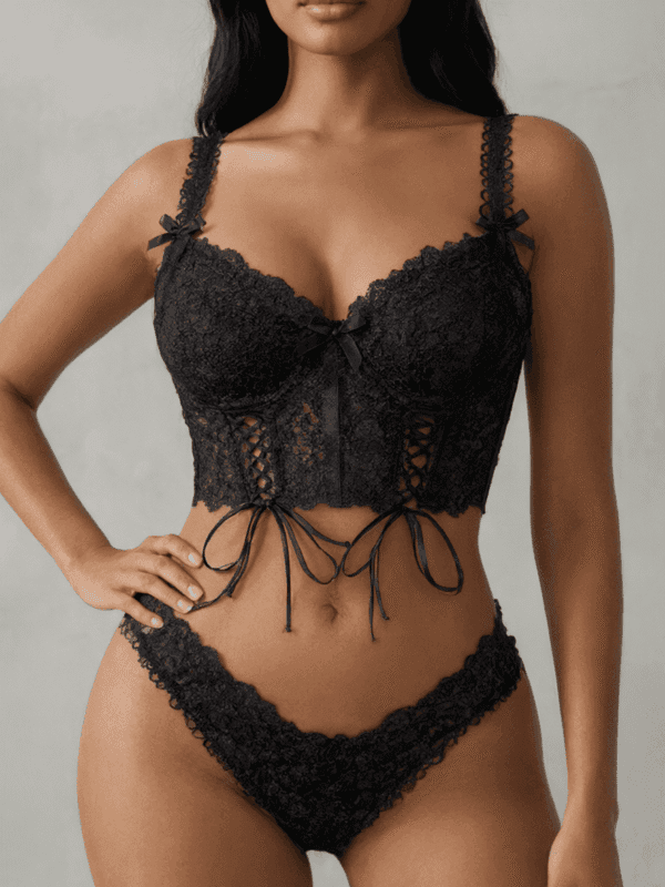 Floral Lace Longline Bustier and Thong Lingerie Set with Side Lacing, front product view
